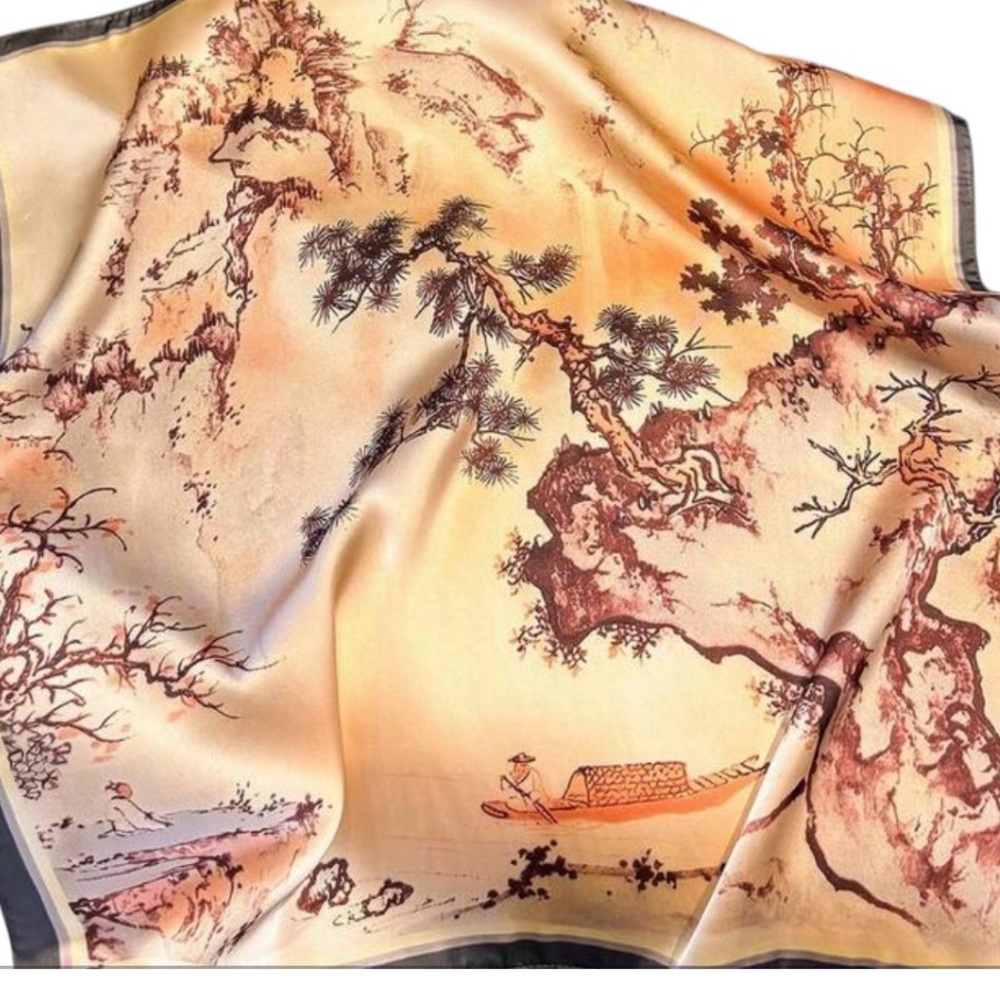 Elegant Landscape Print Pink Silky Scarf